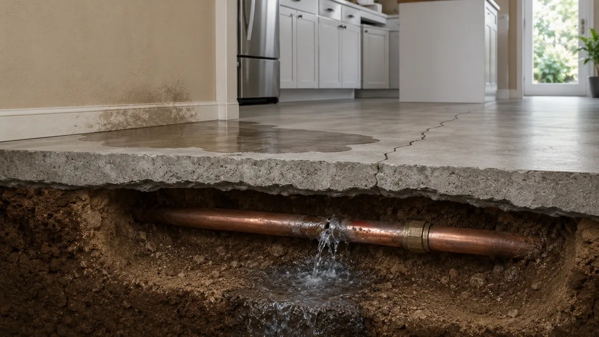 Exposed drain piping below a home